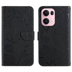 Custodia in pelle flip con motivo a farfalla in rilievo per OPPO Reno13 Pro HT03 (nera)
