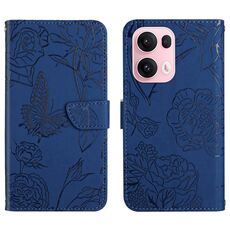 Custodia in pelle flip con motivo a farfalla in rilievo per OPPO Reno13 Pro HT03 (blu)