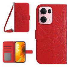 Per OPPO Reno13 Pro Custodia in pelle con stampa a fiore di sole e cordino per telefono cellulare con chiusura a scatto (rosso)