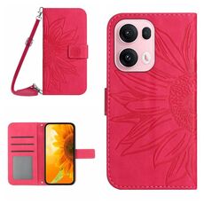 Per OPPO Reno13 Pro Custodia in pelle con stampa a fiore di sole e cordino per telefono cellulare con chiusura a scatto (rosso rosa)
