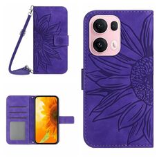 Per OPPO Reno13 Pro Custodia in pelle con stampa a fiore di sole e cordino per telefono cellulare con chiusura a scatto (viola scuro)