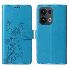 Custodia in pelle con motivo a farfalla e fiori in rilievo per OPPO Reno13 Pro (blu)
