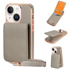 Per iPhone 14 Plus VIETAO Custodia per telefono in PU con texture Litchi e cordino (grigio)