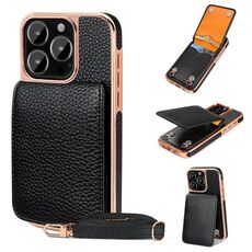 Per iPhone 16 Pro Max VIETAO Custodia per telefono in PU con texture Litchi e cordino (nero)