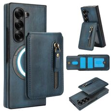 Per Samsung Galaxy Z Fold6 Custodia per telefono con cerniera e supporto posteriore in pelle MagSafe (blu)
