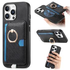 Custodia per iPhone 16 Pro Max con inserto laterale in pelle con anello a croce retrò e tasca porta carte MagSafe (nera)
