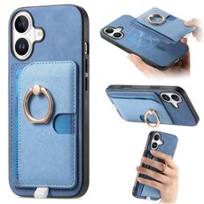 Custodia per iPhone 16 Plus con inserto laterale in pelle con anello a croce retrò e tasca porta carte MagSafe (blu)