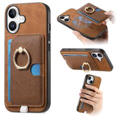 Custodia per iPhone 16 Plus con inserto laterale in pelle con anello a croce retrò e tasca porta carte MagSafe (marrone)