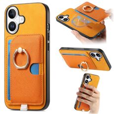 Custodia per iPhone 16 con inserto laterale in pelle con anello a croce retrò e tasca porta carte MagSafe (gialla)