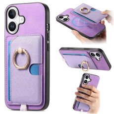 Custodia per iPhone 16 con inserto laterale in pelle con anello a croce retrò e tasca porta carte MagSafe (viola)