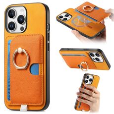Custodia per iPhone 15 Pro Max con inserto laterale in pelle con anello a croce retrò e tasca porta carte MagSafe (gialla)