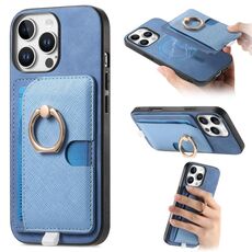 Custodia per iPhone 15 Pro Max con inserto laterale in pelle con anello a croce retrò e tasca porta carte MagSafe (blu)