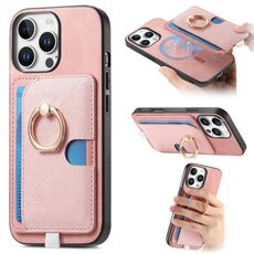Custodia per iPhone 15 Pro Max con inserto laterale in pelle con anello a croce retrò e tasca porta carte MagSafe (rosa)