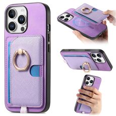 Custodia per iPhone 15 Pro Max con inserto laterale in pelle con anello a croce retrò e tasca porta carte MagSafe (viola)