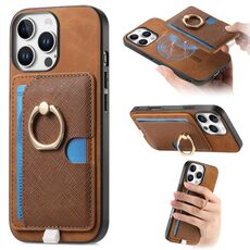 Custodia per iPhone 15 Pro Max con inserto laterale in pelle con anello a croce retrò e tasca porta carte MagSafe (marrone)