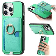 Custodia per iPhone 15 Pro con inserto laterale in pelle con anello a croce retrò e tasca porta carte MagSafe (verde)