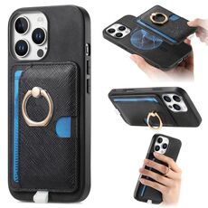 Custodia per iPhone 15 Pro con inserto laterale in pelle con anello a croce retrò e tasca porta carte MagSafe (nera)