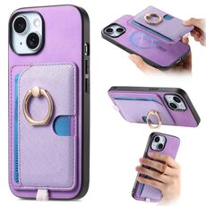 Custodia per iPhone 15 Plus con inserto laterale in pelle con anello a croce retrò e tasca porta carte MagSafe (viola)