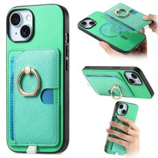 Custodia per iPhone 15 Plus con inserto laterale in pelle con anello a croce retrò e tasca porta carte MagSafe (verde)