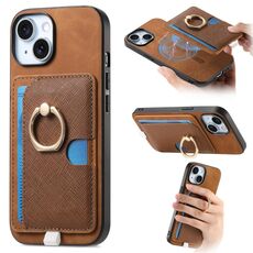Custodia per iPhone 15 Plus con inserto laterale in pelle con anello a croce retrò e tasca porta carte MagSafe (marrone)