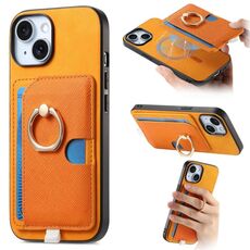 Custodia per iPhone 15 con inserto laterale in pelle con anello a croce retrò e custodia per carte MagSafe (gialla)