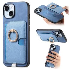 Custodia per iPhone 15 con inserto laterale in pelle con anello a croce retrò e tasca porta carte MagSafe (blu)