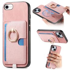 Custodia per iPhone 7/8/SE 2022 con inserto laterale in pelle con anello a croce retrò e tasca porta carte MagSafe (rosa)