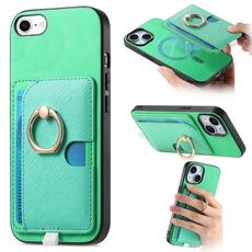 Custodia per iPhone 7/8/SE 2022 con inserto laterale in pelle a croce retrò, con anello e tasca porta carte, MagSafe (verde)