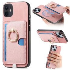 Custodia per iPhone 12/12 Pro con inserto laterale in pelle a croce retrò, con anello e tasca porta carte MagSafe (rosa)