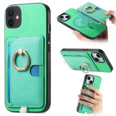 Custodia per iPhone 12/12 Pro con inserto laterale in pelle a croce retrò, con anello e tasca porta carte, MagSafe (verde)