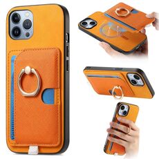 Custodia per iPhone 12 Pro Max con inserto laterale in pelle con anello a croce retrò e tasca porta carte MagSafe (gialla)