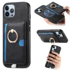 Custodia per iPhone 12 Pro Max con inserto laterale in pelle con anello a croce retrò e tasca porta carte MagSafe (nera)