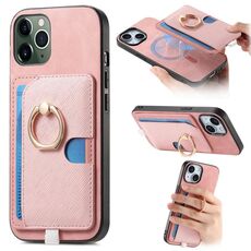Custodia per iPhone 11 Pro con inserto laterale in pelle a croce retrò e anello, con tasca porta carte MagSafe (rosa)