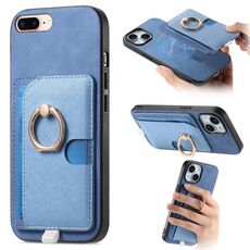 Custodia per iPhone 7 Plus / 8 Plus con inserto laterale in pelle con anello a croce retrò e tasca porta carte MagSafe (blu)