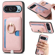 Custodia per telefono con inserto laterale in pelle con anello a croce retrò per Google Pixel 9 Pro XL MagSafe (rosa)