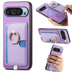 Custodia per telefono con inserto laterale in pelle con anello a croce retrò per Google Pixel 9 Pro XL, MagSafe (viola)