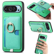 Custodia per telefono con inserto laterale in pelle con anello a croce retrò per Google Pixel 9 Pro XL MagSafe (verde)