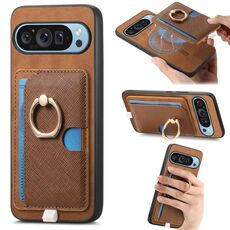 Custodia per telefono con inserto laterale in pelle con anello a croce retrò per Google Pixel 9 Pro XL, MagSafe (marrone)