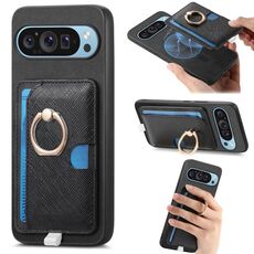 Custodia per telefono con inserto laterale in pelle con anello a croce retrò per Google Pixel 9 Pro XL MagSafe (nera)