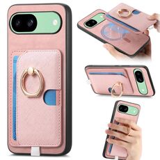 Custodia per telefono con inserto laterale in pelle con anello a croce retrò per Google Pixel 8a MagSafe (rosa)