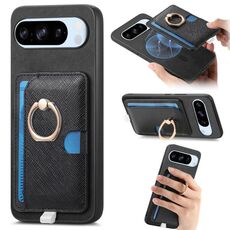 Custodia per telefono con inserto laterale in pelle con anello a croce retrò per Google Pixel 8 Pro MagSafe (nera)