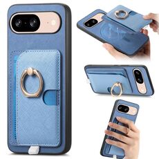Custodia per telefono MagSafe con inserto laterale in pelle con anello a croce retrò per Google Pixel 8 (blu)