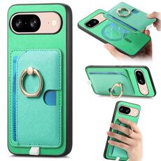 Custodia per telefono con inserto laterale in pelle con anello a croce retrò per Google Pixel 8 MagSafe (verde)