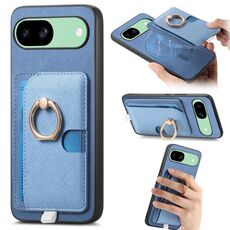 Custodia per telefono con inserto laterale in pelle con anello a croce retrò per Google Pixel 7a MagSafe (blu)