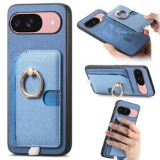 Custodia per telefono con inserto laterale in pelle con anello a croce retrò per Google Pixel 9/9 Pro MagSafe (blu)