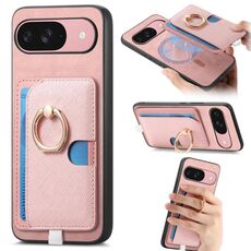Custodia per telefono con inserto laterale in pelle con anello a croce retrò per Google Pixel 9/9 Pro MagSafe (rosa)