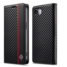 Per iPhone 16e LC.IMEEKE Custodia in pelle e fibra di carbonio (nero verticale)