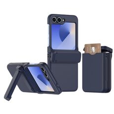 Per Samsung Galaxy Z Flip6 5G Custodia pieghevole per telefono cellulare con slot per schede in gomma a molla con supporto (blu scuro)