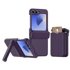 Per Samsung Galaxy Z Flip6 5G Custodia pieghevole per telefono cellulare con slot per schede in gomma a molla con supporto (viola scuro)