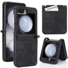 Per Samsung Galaxy Z Flip6 Custodia per telefono in pelle goffrata con motivo a farfalla orchidea (nero)